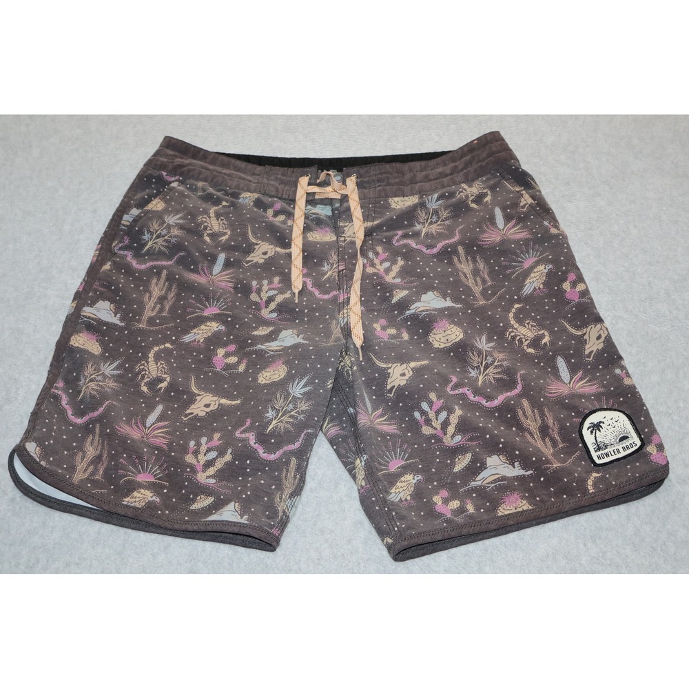 Howler Bros Board Shorts Mens 32 Brown Desert Cactus Scorpion Print Swim Trunks